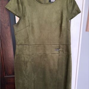 DKNY Olive Green Suede-Look Midi Sheath Dress